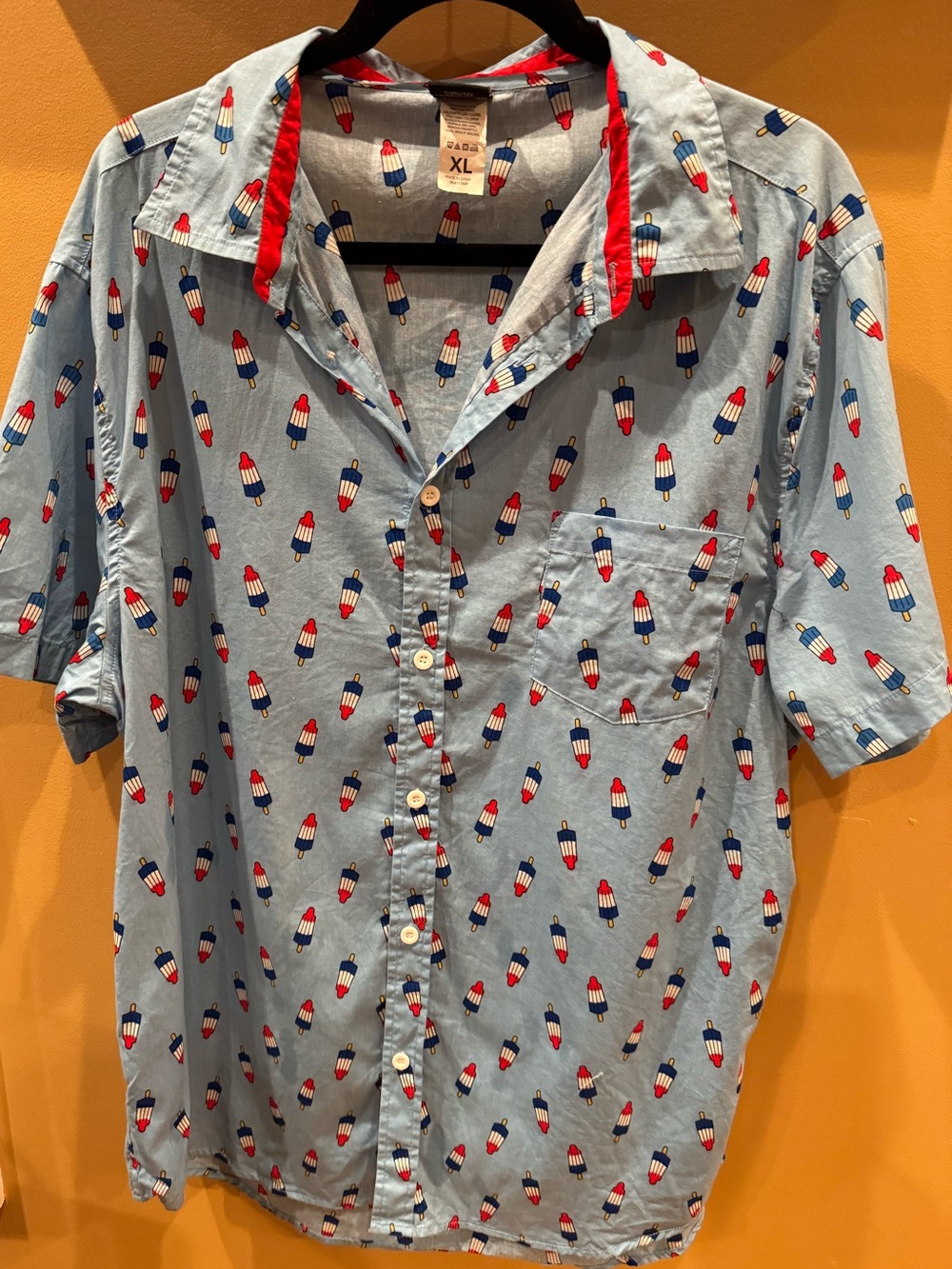 Fifth Sun Men Light Blue Button-Down Shirt Red, White & Blue Popsicle Print XL